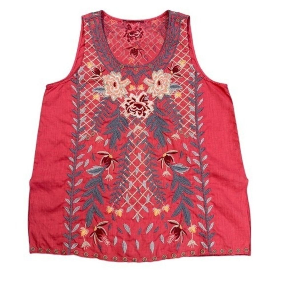 Johnny Was Pink Red Embroidered Floral Sleeveless Tunic Top